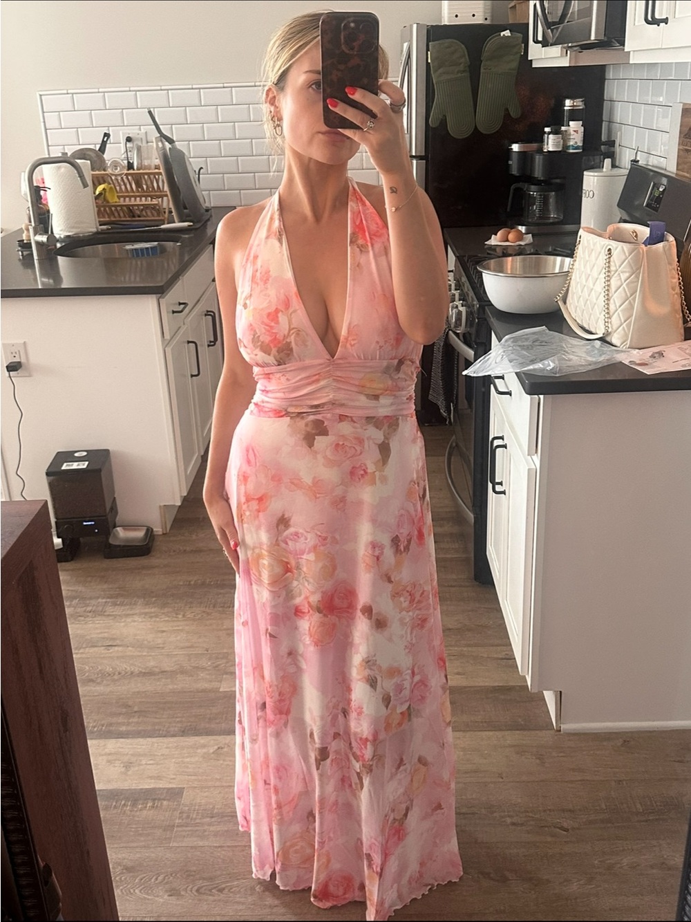 Pink Floral Halter Maxi Dress